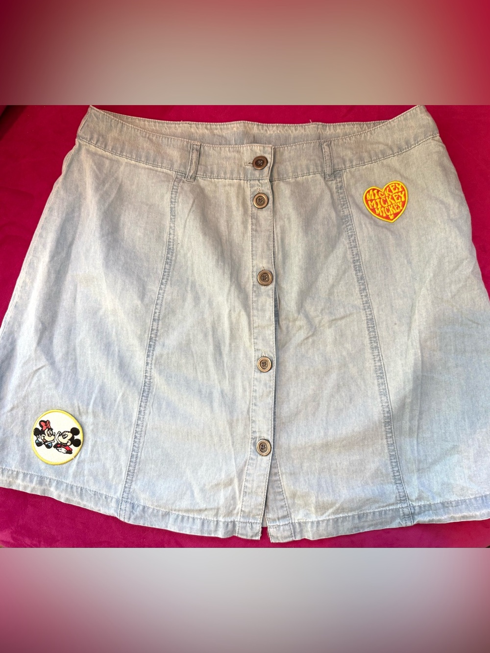 Disney Parks Light Wash Denim Button-Front Skirt with Mickey Patches